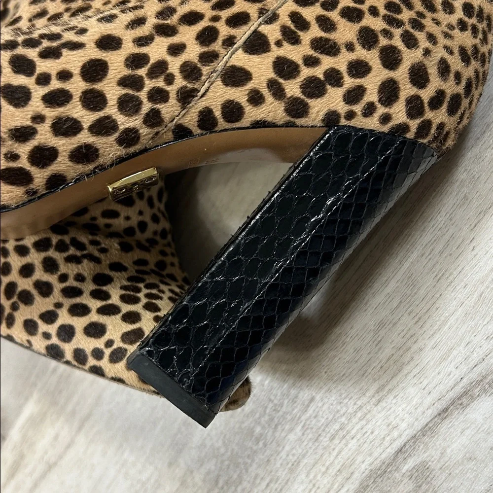 Michael Kors Leopard Calf Hair Embossed Leather Gold Zip Chunky Heel Ankle Boots
